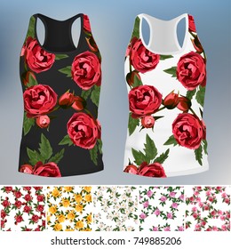 T-shirt modelo com um design de rosa na moda. 5 padrões de rosa sem costura para design ou fundos grande para bordado, ornamento ou design romântico