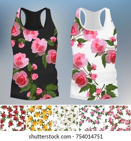 Template T-shirt with an trendy rose design. 5 seamless rose patterns for design or backgrounds great for embroidery, ornament or romantic design
