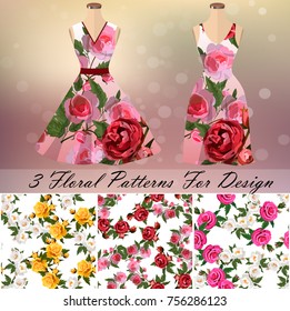 Template T-shirt with an trendy rose design. 5 seamless rose patterns for design or backgrounds great for embroidery, ornament or romantic design