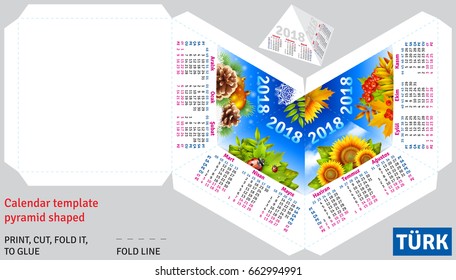 Template turkish calendar 2018 by seasons pyramid shaped, vector background