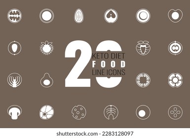 Plantilla de veinte íconos lineales de alimentos para la dieta del keto para aplicaciones WEB y móviles sobre fondo marrón