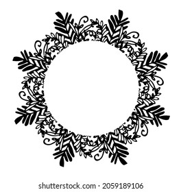 A template of twigs with leaves and curls of plants. Hand-drawn isolated frame doodle twigs with leaves,round empty space for black text on white background for border design template