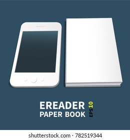 A template of two books with an empty cover. Paper and electronic. Lying on the surface, close. In perspective. A realistic image. On a blue background. Isolated object for design Vector illustration.