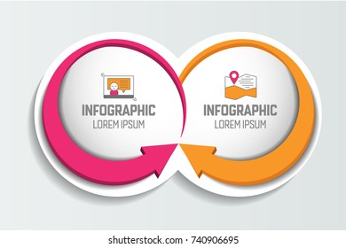 Template, Two business elements banner,2 steps design, chart, infographic, step by step number option, layout. 3D cyrcle style.