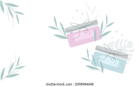 Template with two cosmetic jars of natural cosmetics cream, decorated with bamboo branches.Spa set. Flat vector of skin and body care product. Make-up base, minimal design, effective ingredients.