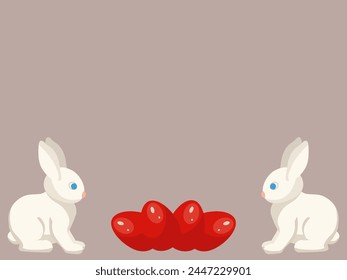 Plantilla con dos conejitos de Pascua y huevos rojos pintados sobre un fondo gris rojizo. Copiar espacio. Ilustración vectorial de Anuncio, póster, postal.