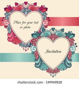 Template with two frames in the form of hearts, ribbons and flowers