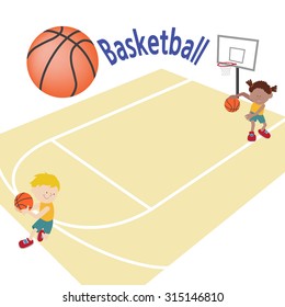 A template with two kids playing basketball in a basketball court.