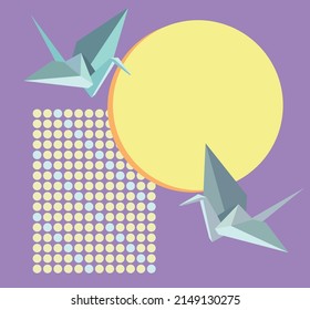 Plantilla con dos grúas de papel de origami sobre fondo violeta pastel con círculos amarillos