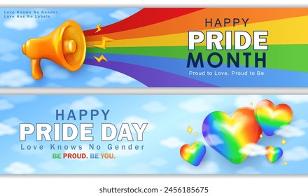 Template of two panoramic banners with 3d cartoon yellow loudspeaker or megaphone, colorful hearts and LGBTQ+ rainbow flag in pure sky with clouds. Headers or billboards for Pride Month celebration