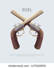 Template with two pirate pistols for a duel. Old pirate gun with a wooden handle. Template with two crisscross old pistols.
