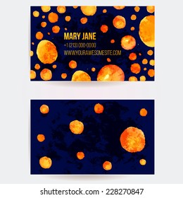 Template of two sided business card with dark blue background and orange watercolor paint spots and circles