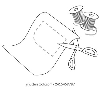 Template with two spools of thread and open scissors cutting a fabric. Black and white. Vector illustration for coloring book, print.