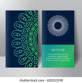 Template two trendy cards with abstract gradient pattern and flower monogram. Visual identity for flower shop. 2D Mockup Vector