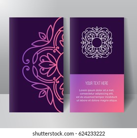 Template two trendy cards with abstract gradient pattern and flower monogram. Visual identity for flower shop. 2D Mockup Vector