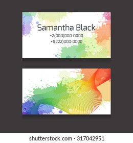 Template two-sided business cards with colorful watercolor splashes and metamorphoses line for your business