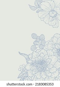 Plantilla para tipografía, diseño de decoración, cubiertas. Elegante ilustración a mano con plantas y hojas. El fondo es azul y beige. Estilo gráfico vintage.