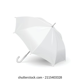 Template umbrella, side angle view. Open white parasol with shadow isolated on white background. Design mockup object for brand print or identity business. Vector illustration