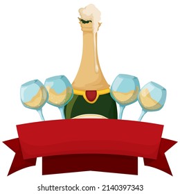 Vorlage mit unverkorktem Champagner Flasche Spilling Frost, Weingläser und leere rote Bänder.