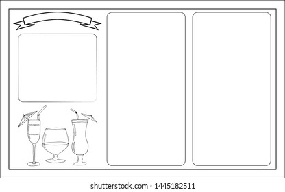 Template under the bar menu doodling style with glasses, cocktails, drinks. Isolated black objects on white background.