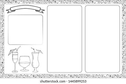 Template under the bar menu doodling style with glasses, cocktails, drinks. Isolated black objects on white background.