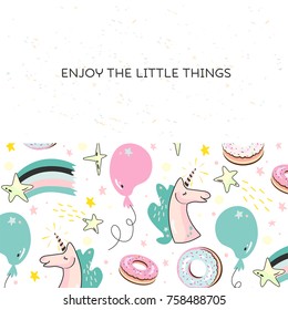 Template with unicorn, air balloons and donuts. Unicorn with stars and donuts in flat design. Vector. Template with funny cartoon elements on white texture background. Pattern with donuts and unicorn.