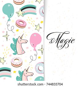 Template with unicorn, lettering and donuts. Unicorn with stars and donuts in flat design. Vector. Funny cartoon elements with lettering on white background. Pattern with donuts and unicorn.