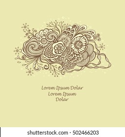 Template with unique Doodle elements in vintage handmade style in beige colors for advertising cosmetic perfume or for package