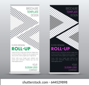 template is a universal business roll up banner with triangles. The design of a black and white brochure with a green and purple heading. Vector illustration