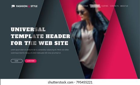 Template of a universal header with triangular elements and a place for a photo. Design of red-black banner for the web.