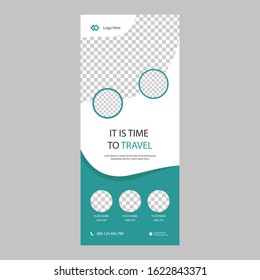 Template universal roll up banner for business or travel. Design a vertical brochure with mountains and a field, with a place for photos and information. Vector illustration. Set