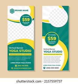 Template of universal vector roll up banner with place for photo and text. Design for business and sport. A sample on the theme of yoga studio. creative modern design with vertical layout. 