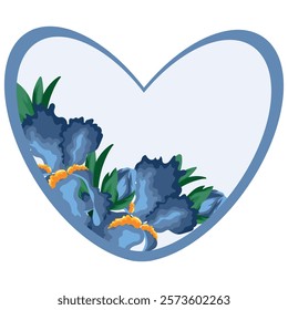 template for a valentine or card in the shape of a heart with a floral design, namely a design of blue irises