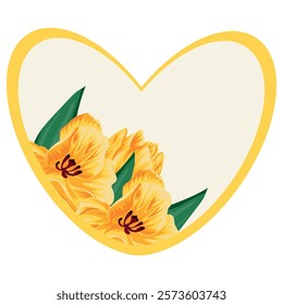 template for a valentine or card in the shape of a heart with a floral design, namely a design of yellow tulips