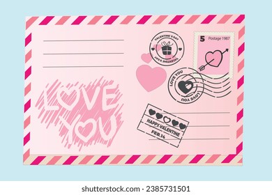 Template of an Valentine envelope with heart. Retro style Valentine card with rubber seal, stamp. Happy Valentine`s card. Valentine Holiday Vintage Greeting Card.