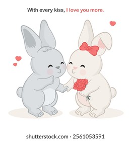 Template of Valentine's day card with two hand drawn cute bunnies holding hands. The gray bunny leans in for a kiss, while the white bunny, wearing a red bow, holds a bouquet of pink flowers