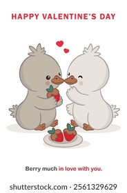 Template of Valentine's Day card with two hand drawn cute cartoon ducks sit together, one feeding the other a chocolate-covered strawberry. Hearts float above them, creating a sweet and romantic scene