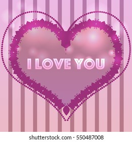 Template for valentines day card,invitation, birthday card with pink heart and striped background