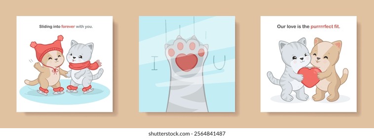 Template of Valentine's day cute cartoon hand drawn greeting card with adorable kitties ice skating, kawaii cats holding a big red heart together, kitten's paw with text - I LOVE YOU. Romantic poster 