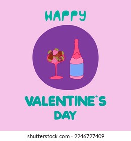 Template for Valentine's Day holidays.Vector illustration Happy Valentine's Day template with champagne and strawberries. Use it as a greeting card, an app, a banner design, or even for a website.
