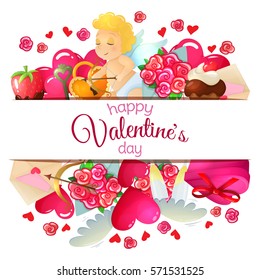 Template with Valentine's Day icons. Colorful cartoon illustration for Valentine's Day greeting card and decoration. Vector.