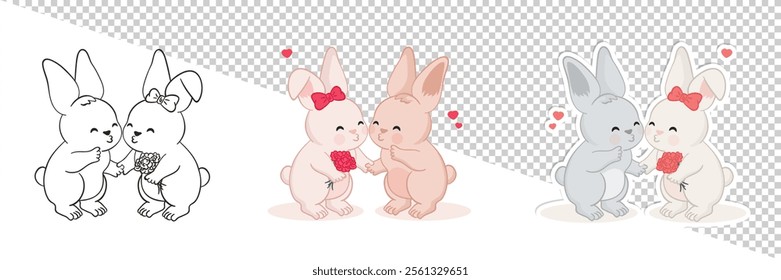 Template of Valentine's day illustrations with hand drawn cute rabbits holding hands. One bunny leans in for a kiss, while other bunny, wearing a red bow, holds pink flowers. Outline and sticker set