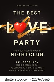 Template of Valentine's Day party poster. Word Love with 3d realistic red heart, golden ribbon and confetti. Vector illustration for advertise of Valentine's Day party. Invitation to nightclub event.