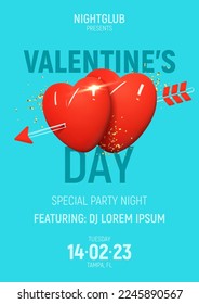 Template of Valentine's Day party poster. Modern mixed style vector illustration with 3d and 2d elements. Vector illustration for advertise of Valentine's Day party. Invitation to nightclub event.