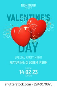 Template of Valentine's Day party poster. Modern mixed style vector illustration with 3d and 2d elements. Vector illustration for advertise of Valentine's Day party. Invitation to nightclub event.