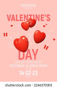 Template of Valentine's Day party poster. Modern mixed style vector illustration with 3d and 2d elements. Vector illustration for advertise of Valentine's Day party. Invitation to nightclub event.