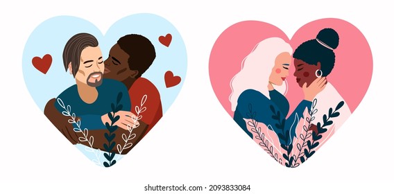 Plantilla para la postal del día de San Valentín, pareja con corazón de amor. El concepto de amor de Lgbt. Pareja gay y pareja lesbiana, ilustración vectorial