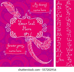 Template for Valentine's greeting card with handwritten alphabet. Compose words from attached letters. Doodle design with swirls. Beautiful background with hearts.
