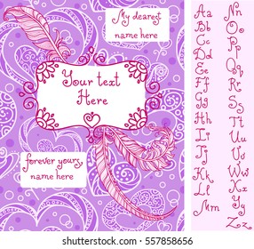 Template for Valentine's greeting card with handwritten alphabet. Compose text from attached letters. Doodle design with swirls and feathers. Beautiful background with hearts.