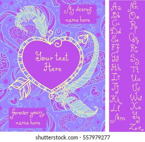 Template for Valentine's greeting card with handwritten alphabet. Compose names from attached letters. Doodle design with feathers on beautiful background with hearts. Lilac, blue and yellow colors.